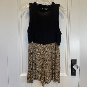 MinkPink Sleevless Halter Black and Animal Print Zippered Back Romper - Size L
